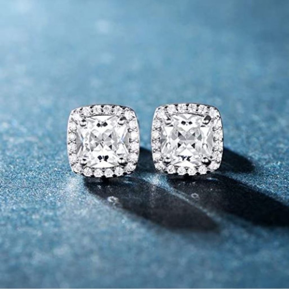 18K White Gold Plated Square Cubic Zircon 6mm Stud - Picture 2 of 15